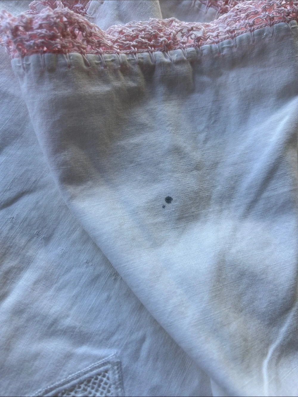 Vintage Pair of White Linen Pillowcase with Pink Lace Trim